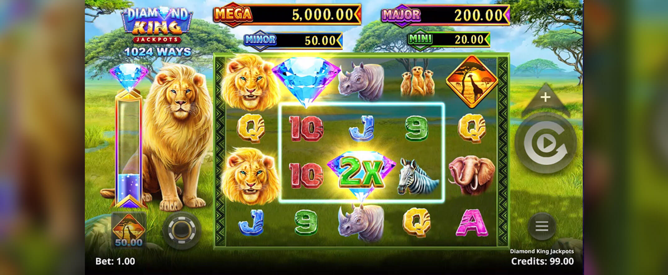 Diamond King Jackpots Spielautomat, Walzen und Symbolen