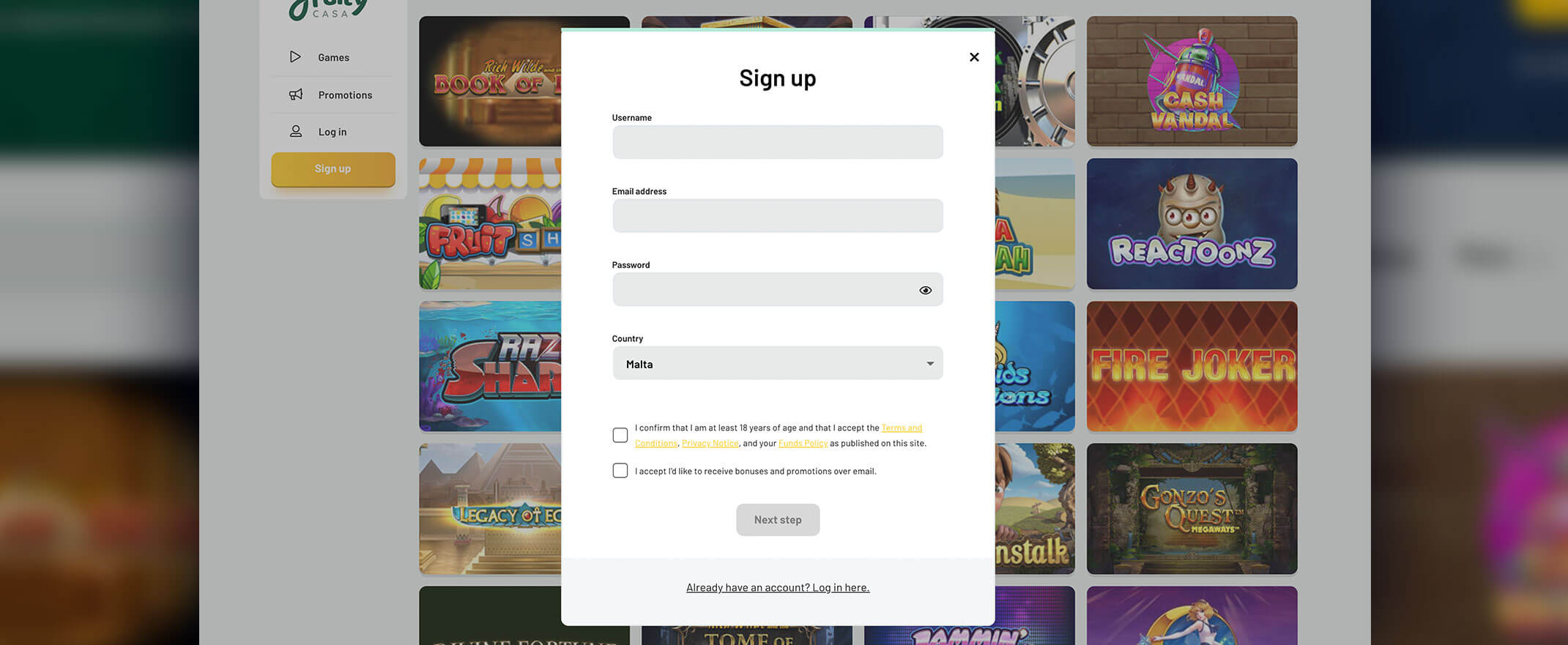 Fruity Casa Registration screenshot