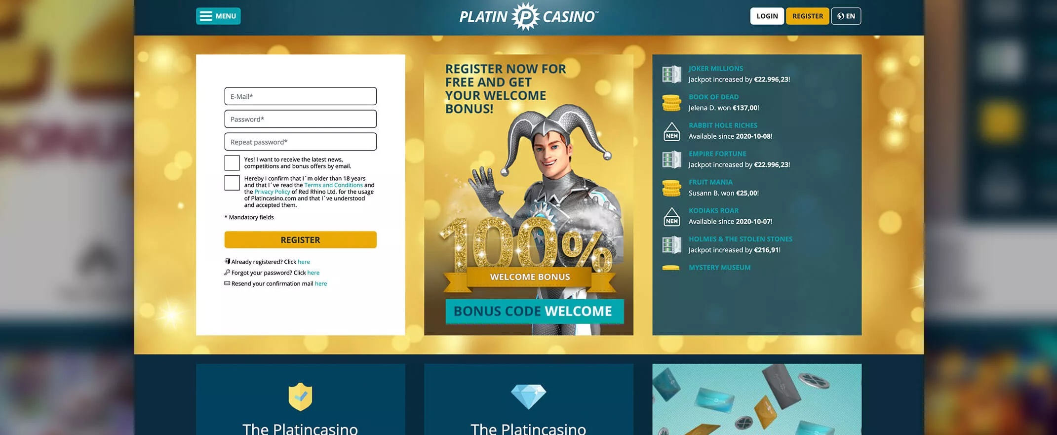 Platin casino registration screenshot