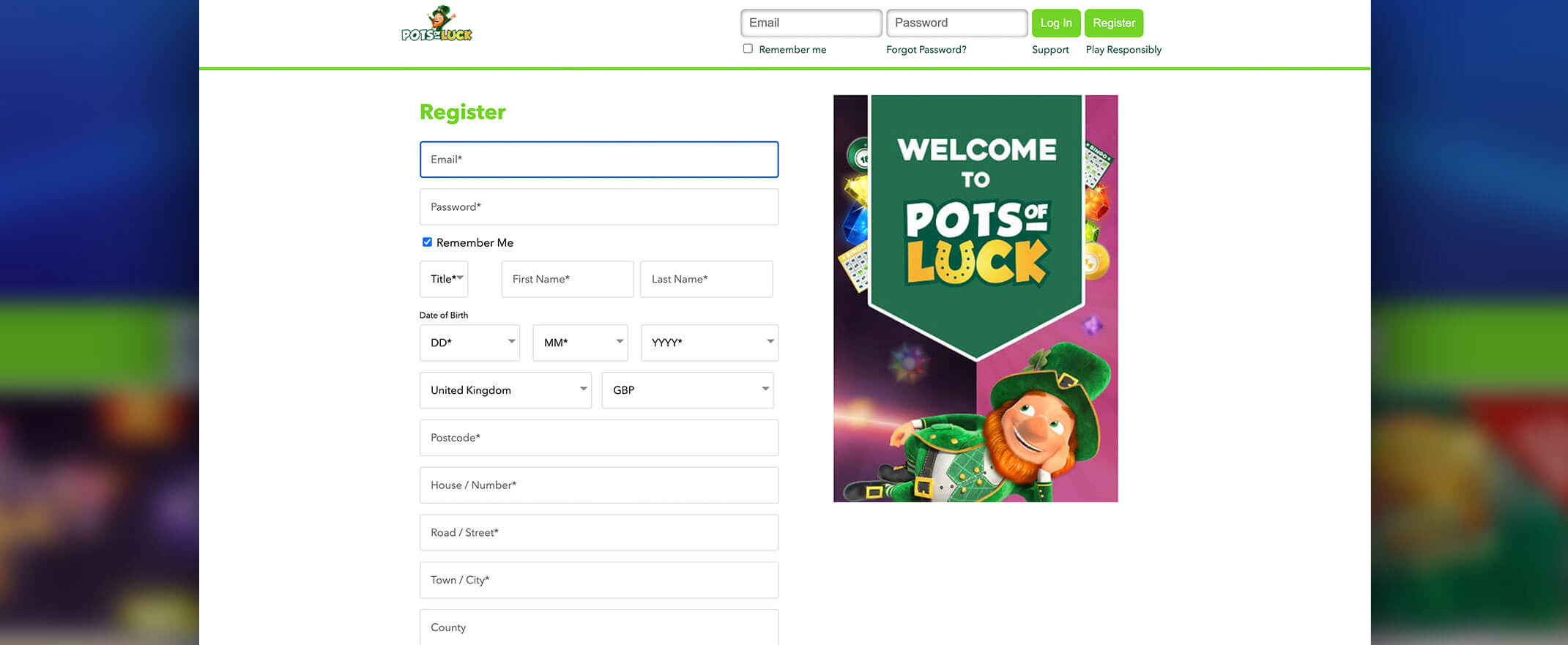 Pots of Luck registration screenshot