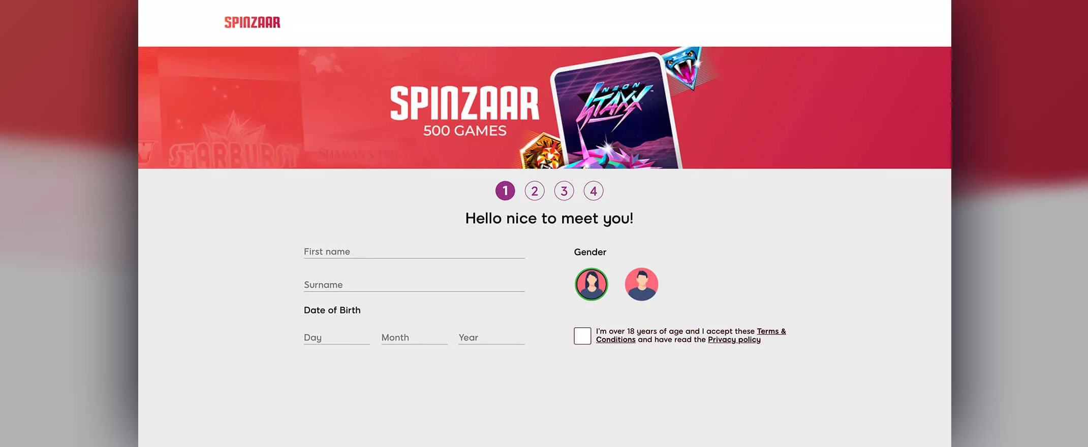 Spinzaar Casino Registration Screenshot