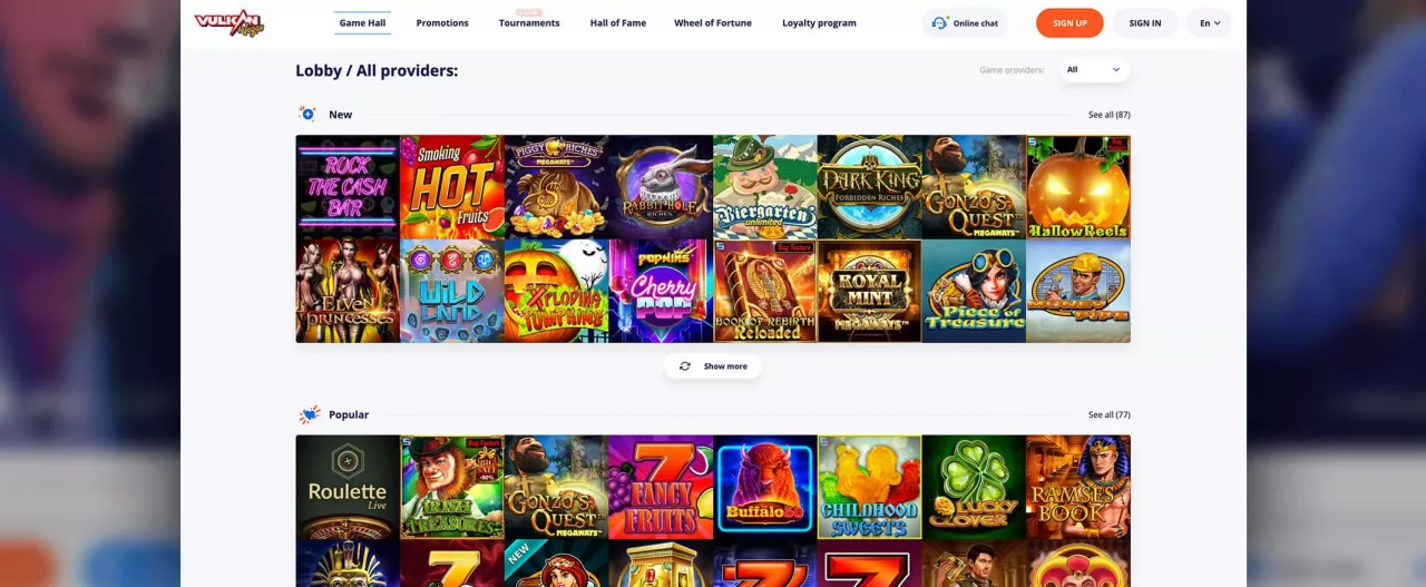 Vulkan Vegas games screenshot