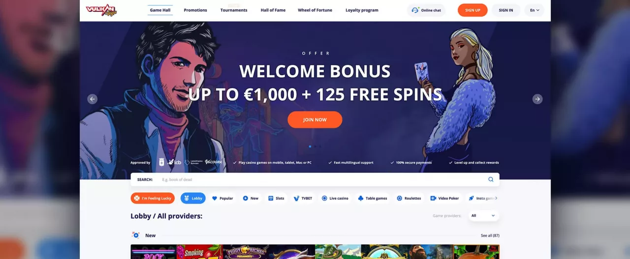 Vulkan Vegas homepage screenshot