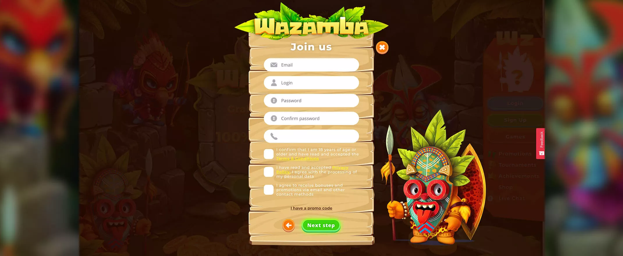 Wazamba Casino registraton screenshot