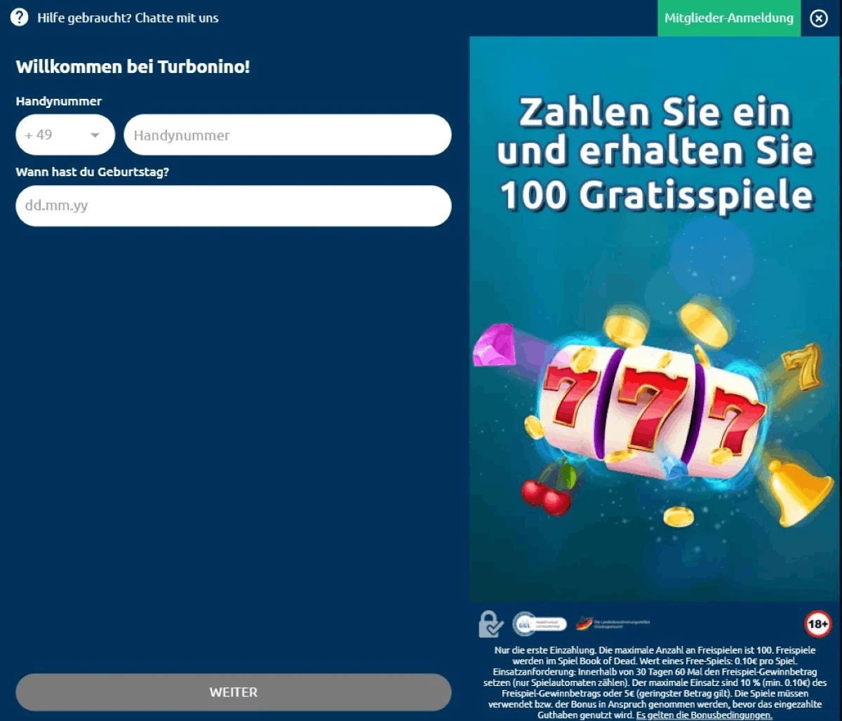 Registrierung & Verifizierung bei Turbonino