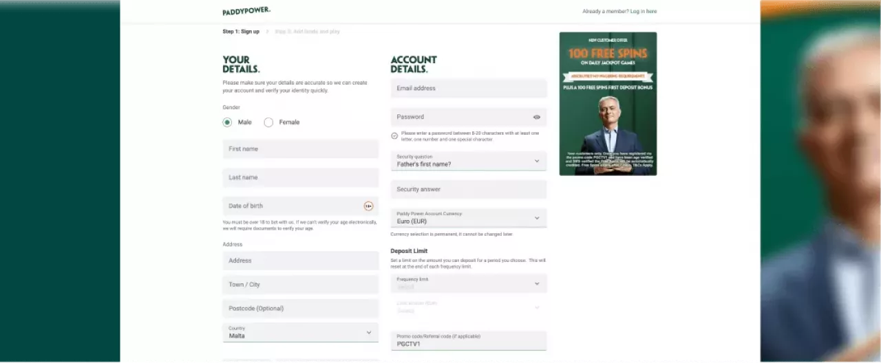 Paddy Power casino registration screenshot