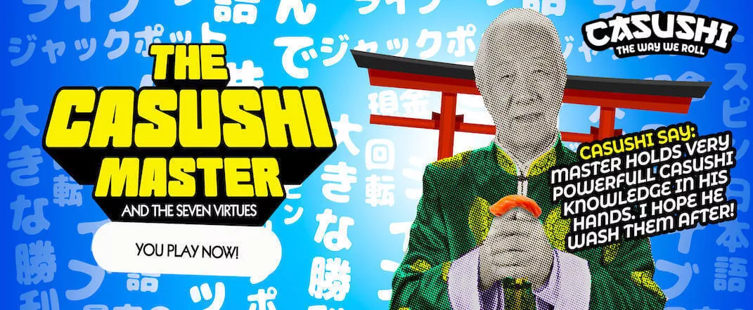 Casushi Casino christmas banner with Master Sushi on a blue background