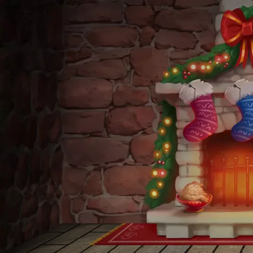 Banner for Christmas bonus and slots page showing a fireplace and presents