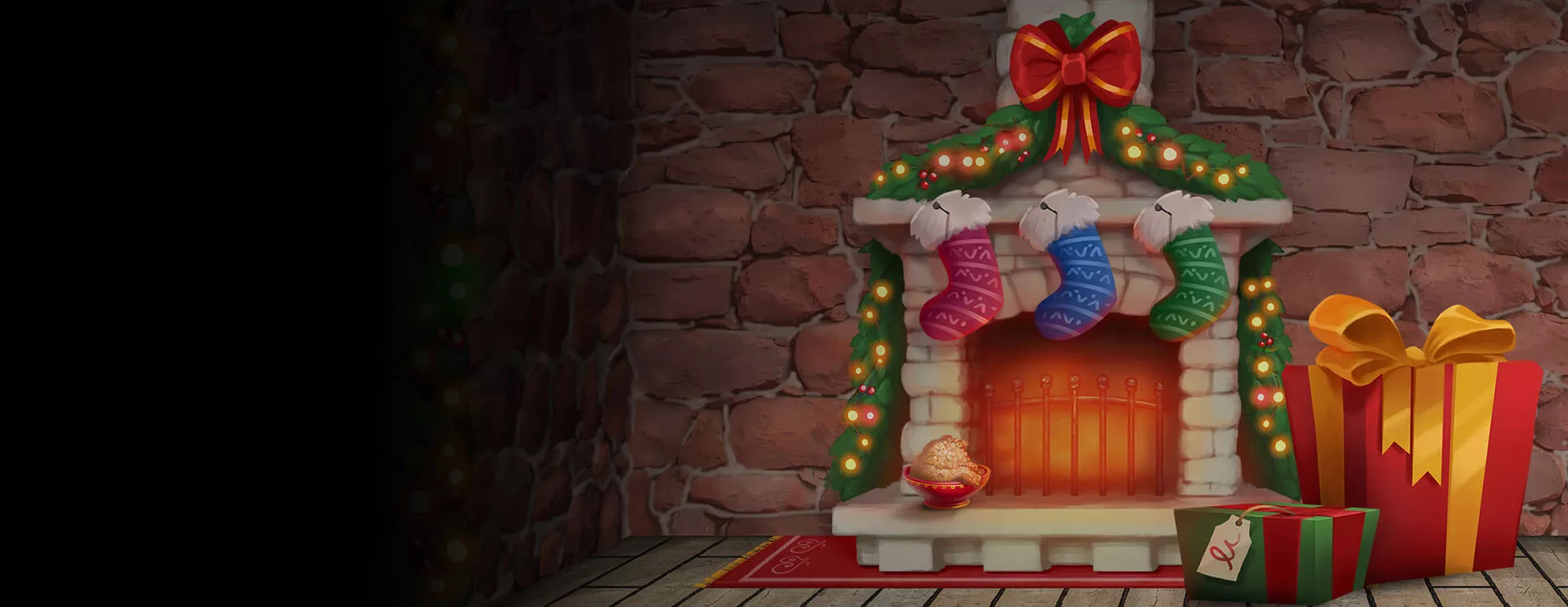 Banner for Christmas bonus and slots page showing a fireplace and presents