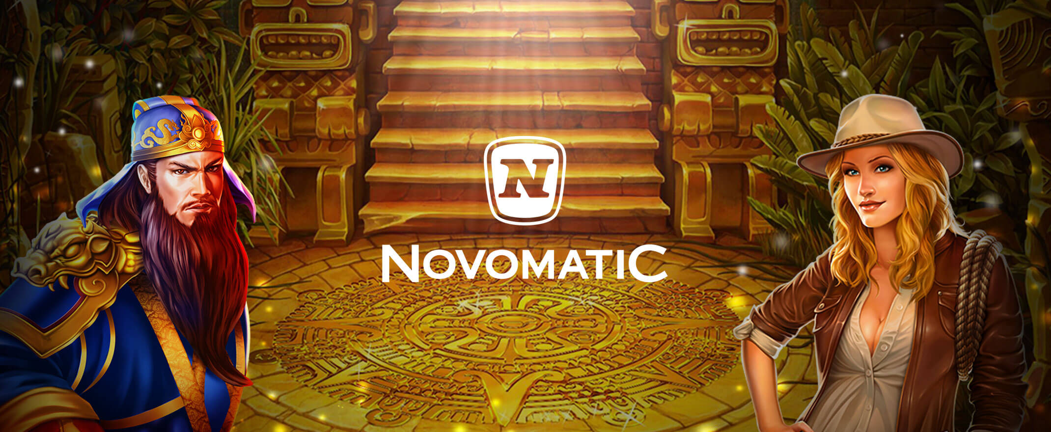 Novomatic logo and assets on Mayan temple background