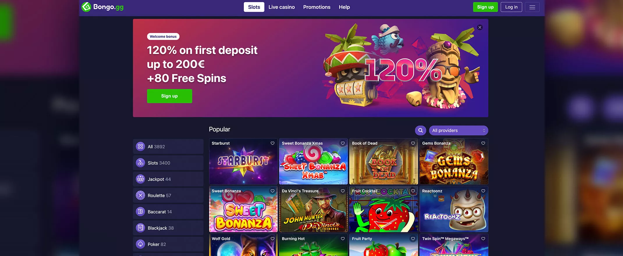 Bongo Casino screenshot of the homepage