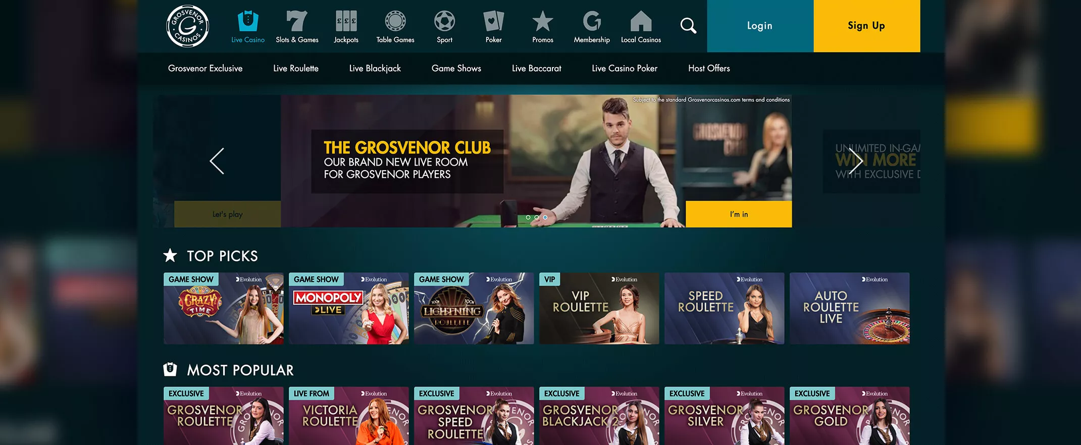 Screenshot of the Grosvenor casinos live lobby