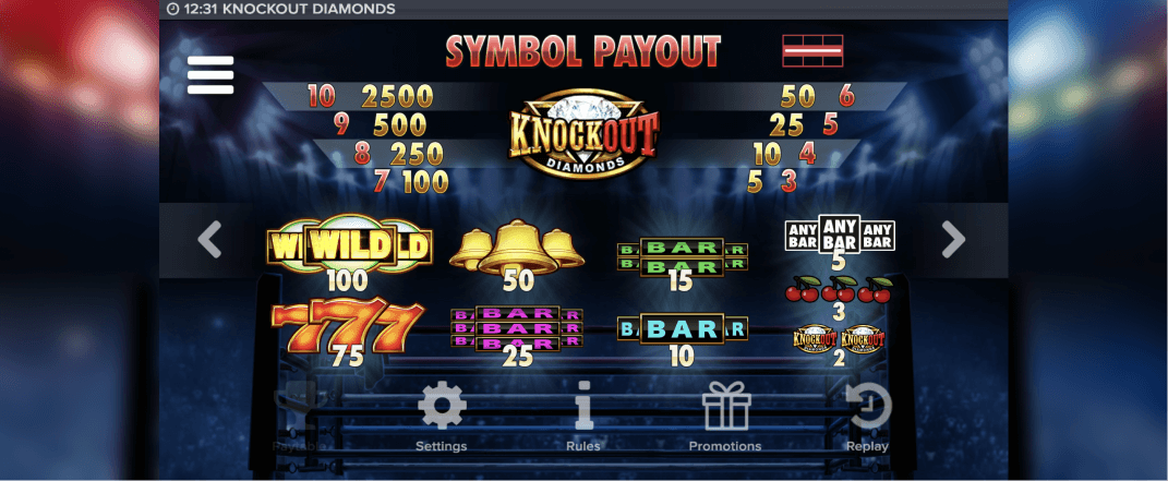 Knockout Diamonds Spielautomaten Bewertung, Walzen und Symbolen