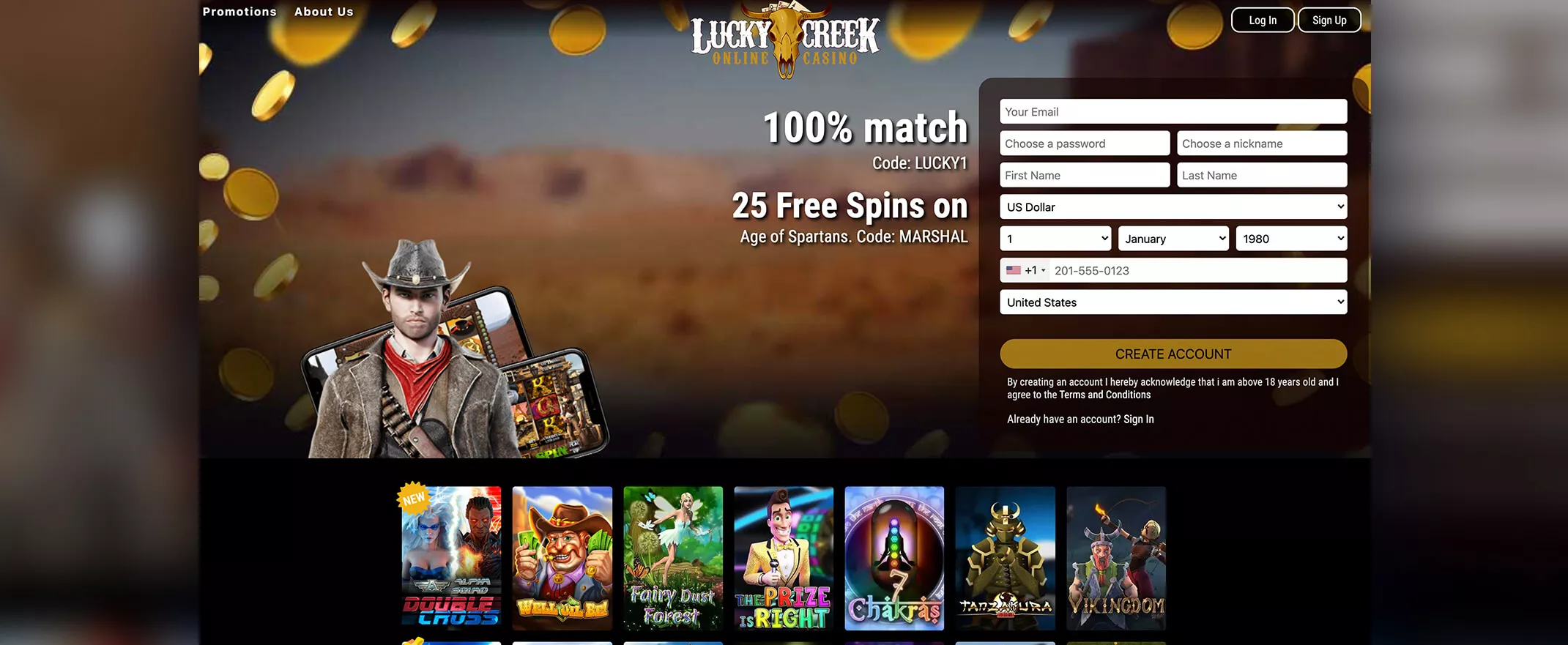 Lucky Creek screenshot of the homepage