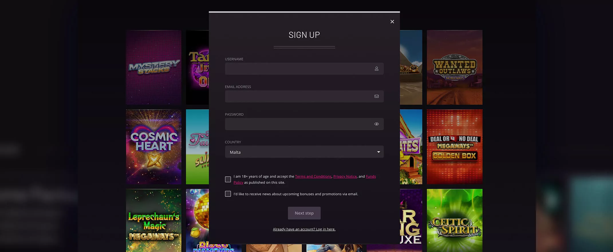 PlayGrand registration screenshot