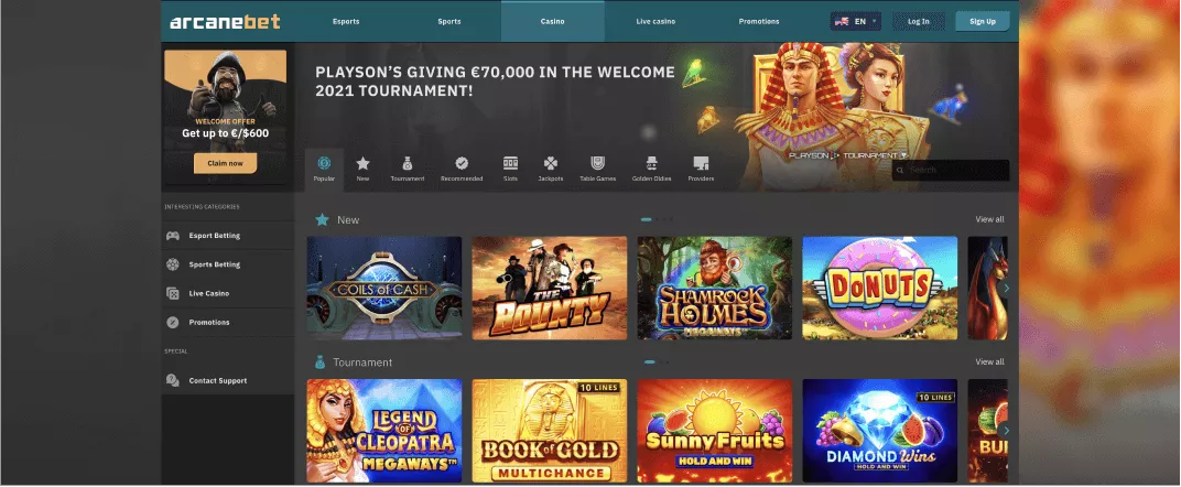 Arcanebet screenshot of the homepage