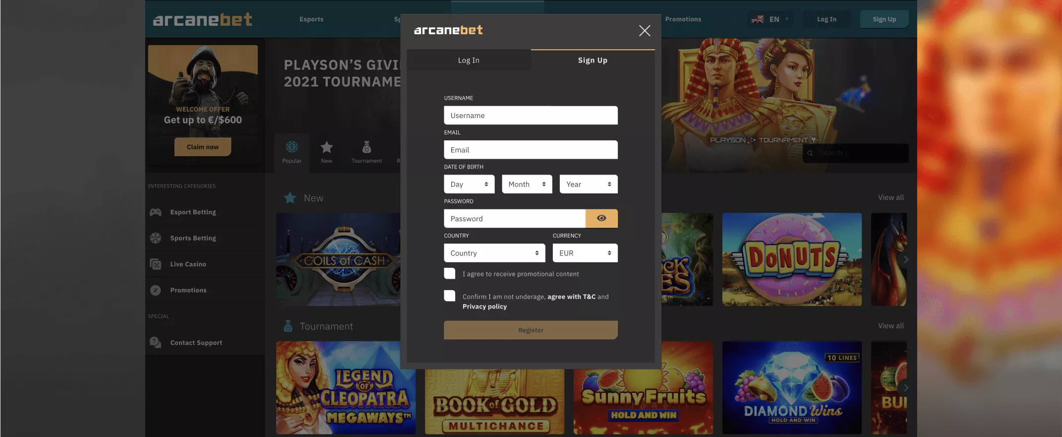 Arcanebet screenshot of the registration