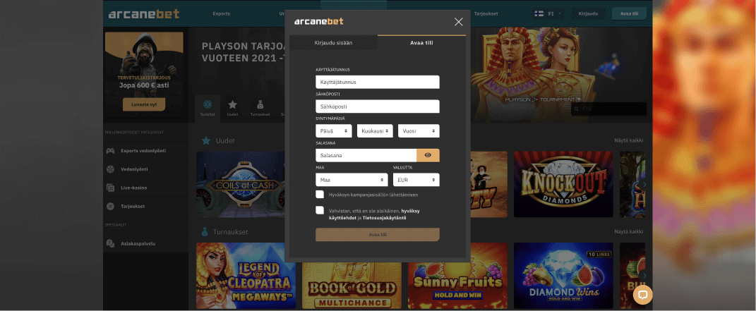 Arcanebet casinolle rekisteröityminen