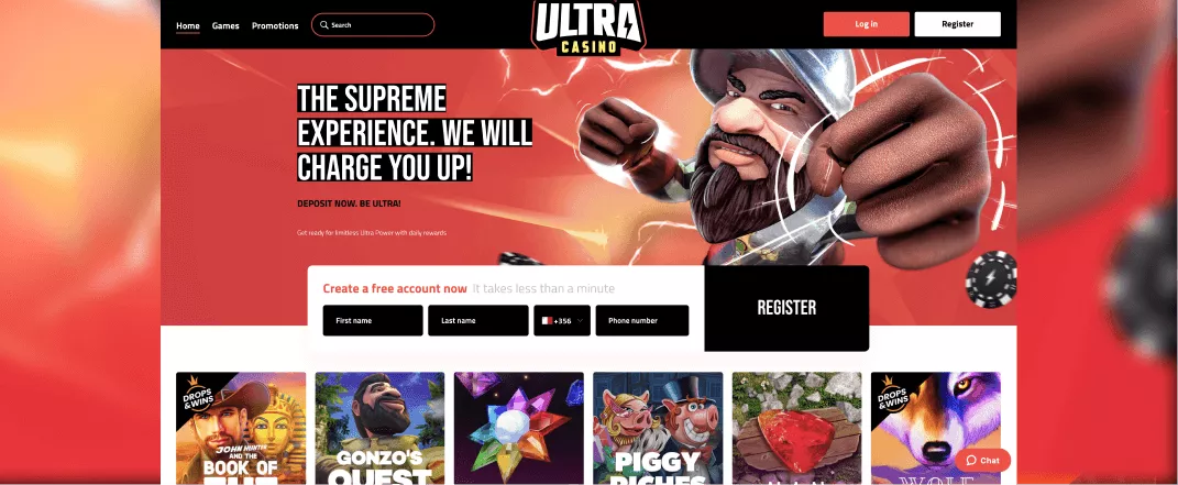 Ultra Casino screenshot of the homepage