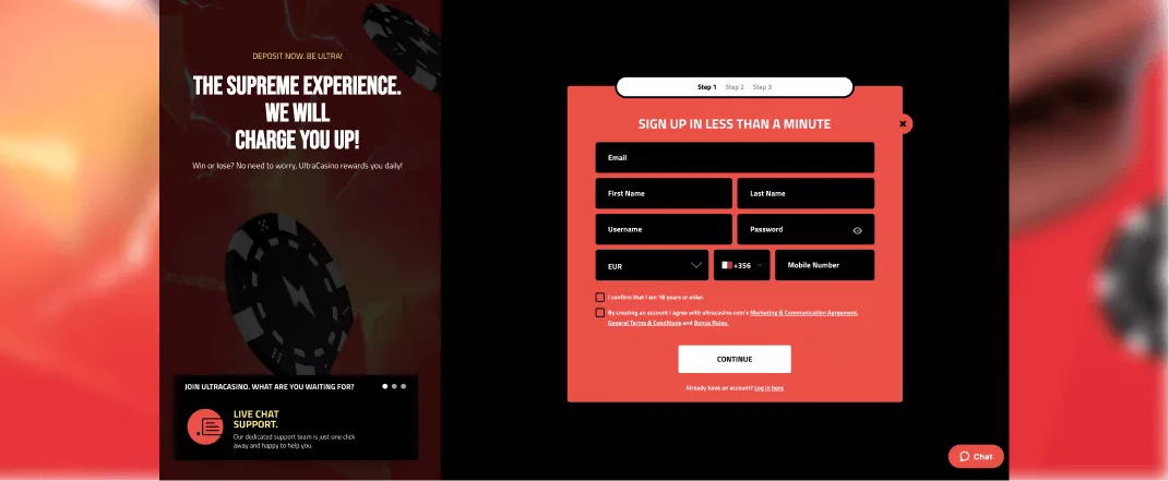 Ultra Casino review screenshot of the registration process