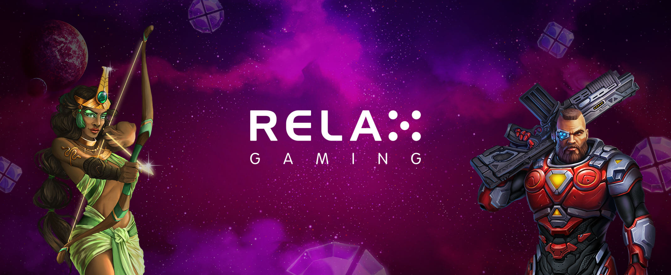 Relax Gaming logo on purple background with slot character assets