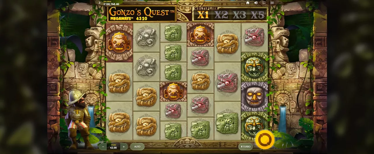 Gonzo's Quest Megaways slot screenshot of the reels