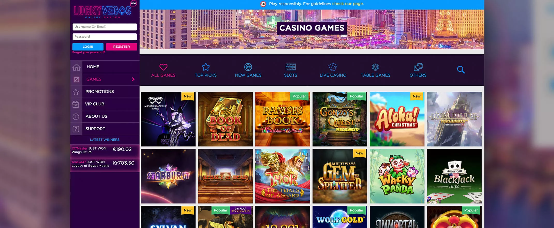 Lucky Vegas casino screenshot of the games