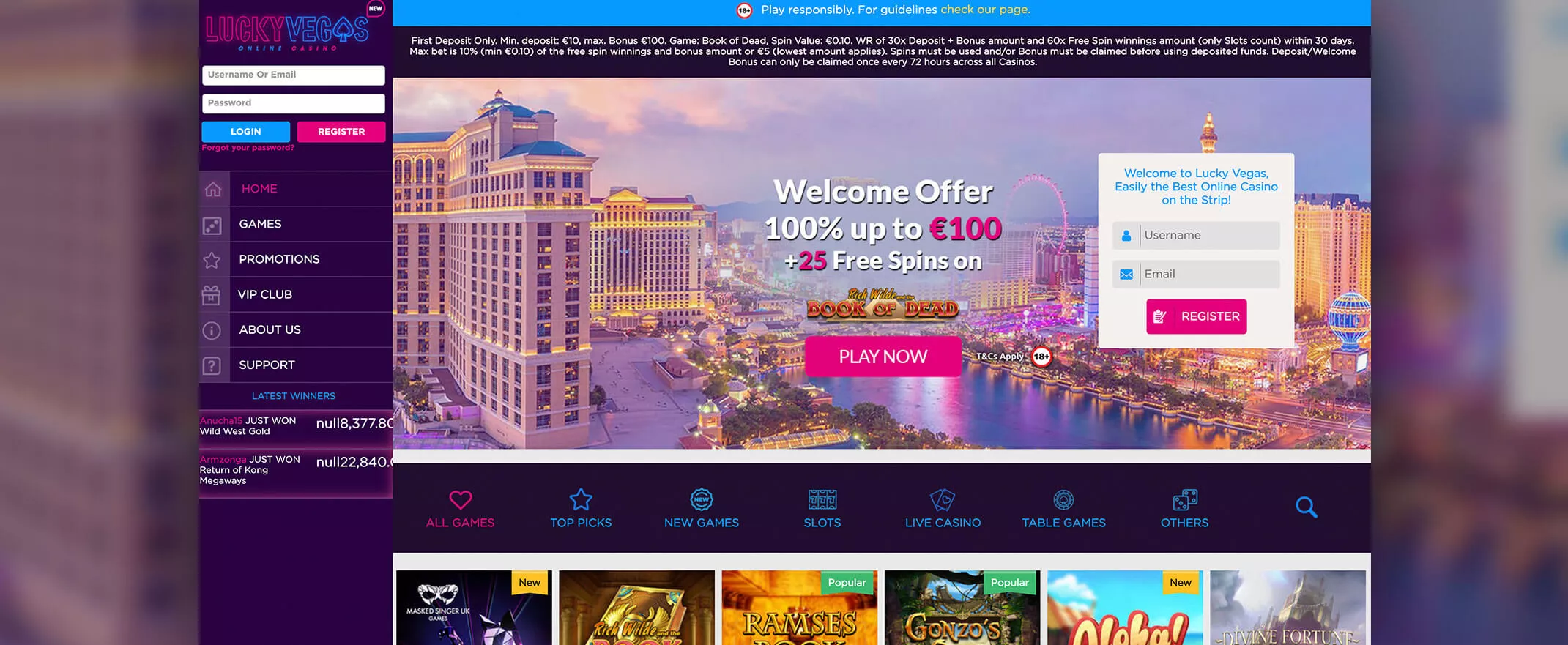 Lucky Vegas screenshot of the homepage