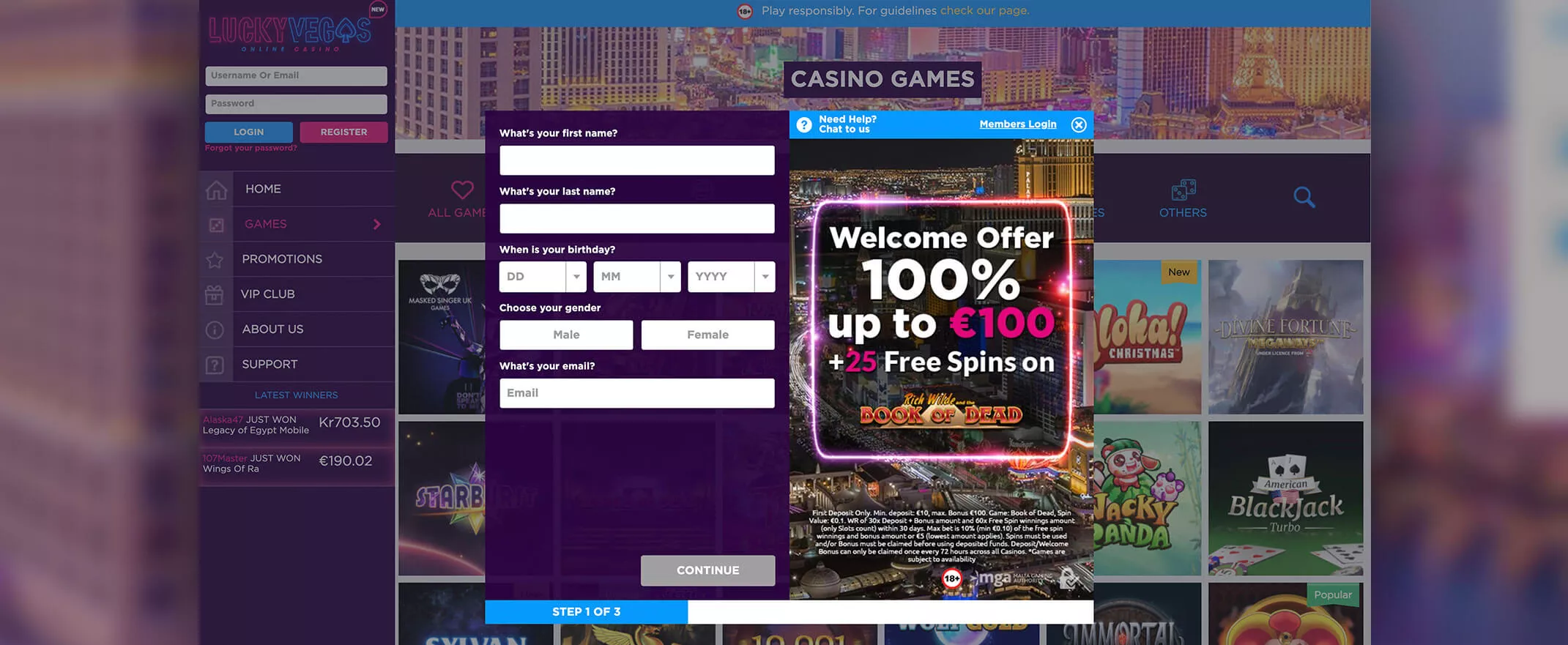 Lucky Vegas screenshot of the registration