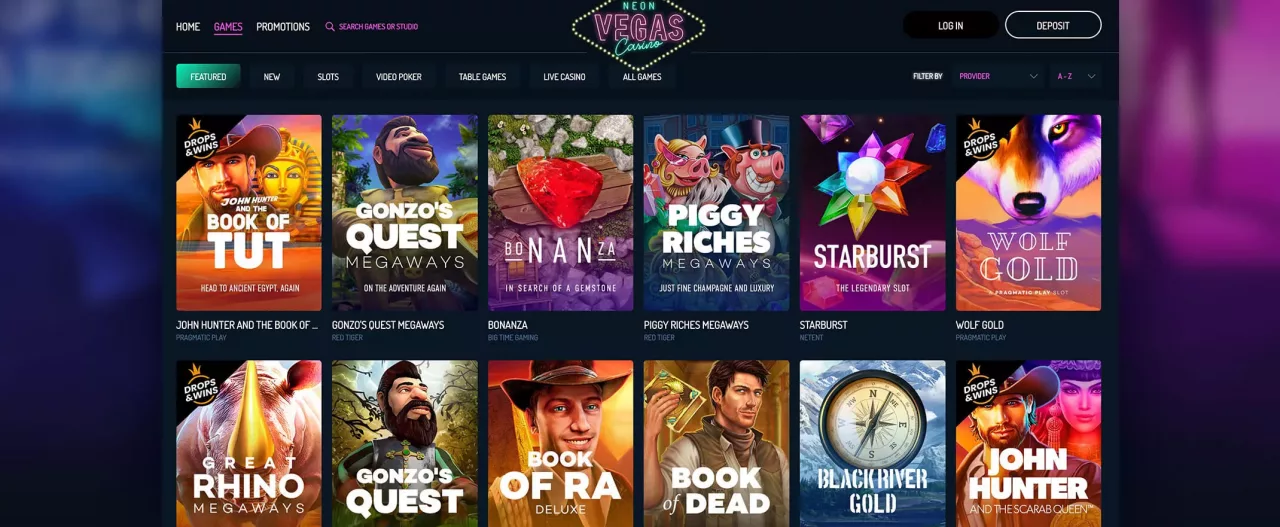 Screenshot of the NeonVegas games selection