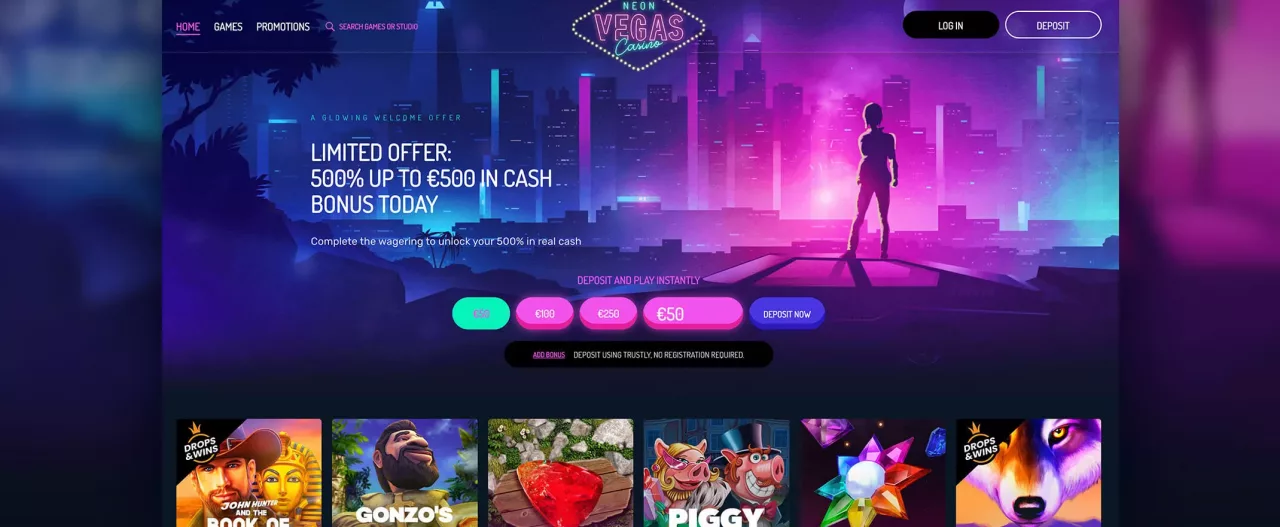 Screenshot of NeonVegas homepage