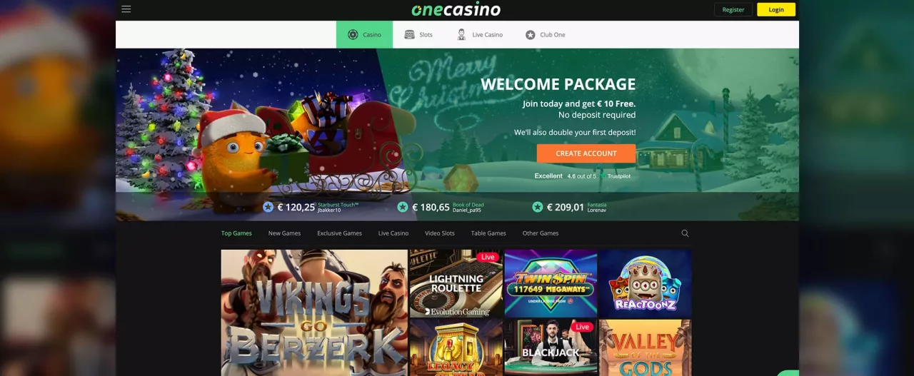 Screenshot of OneCasino homepage