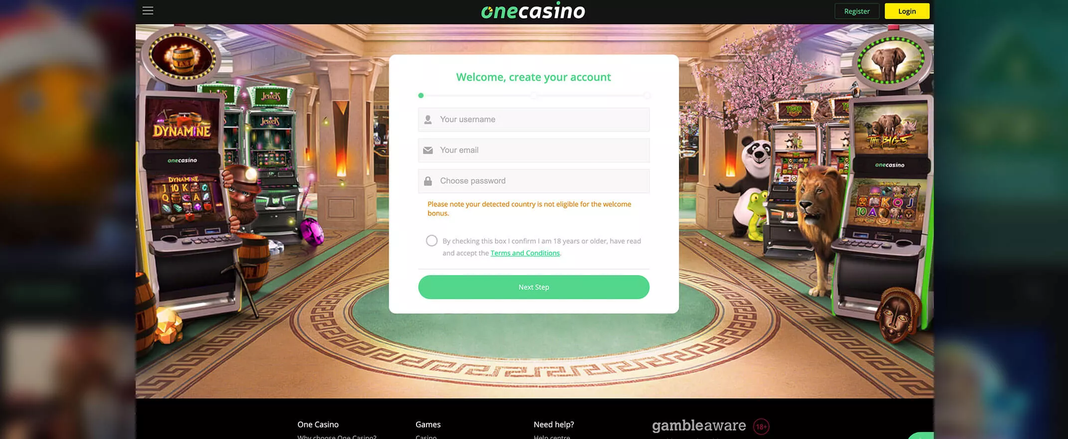 One Casino screenshot of the registration process