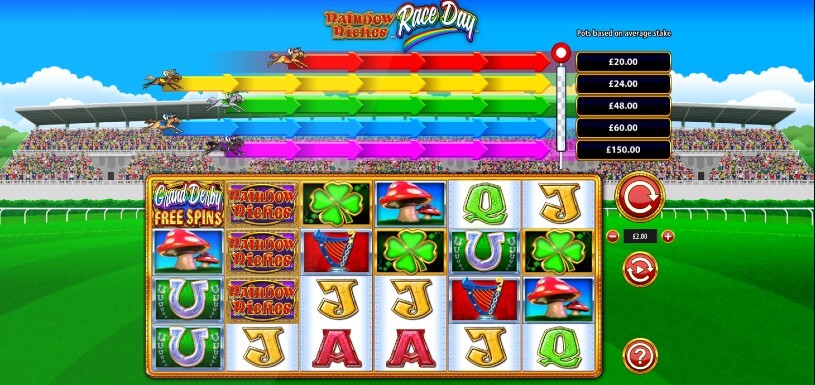 Rainbow Riches Race Day Spielautomaten Bewertung, Walzen und Symbolen