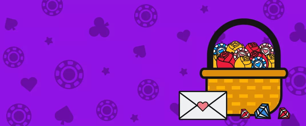 A basket of valentine's bonuses with an envelope on a purple background