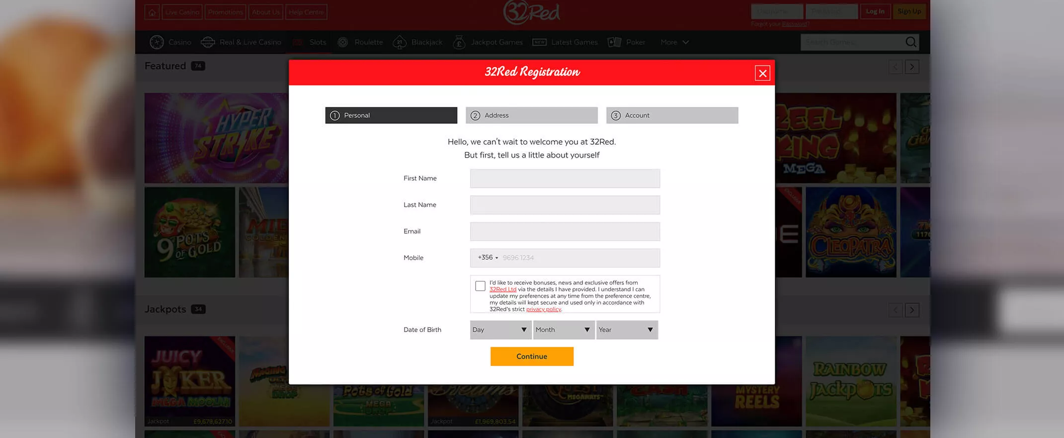 32Red Casino screenshot of the registration process