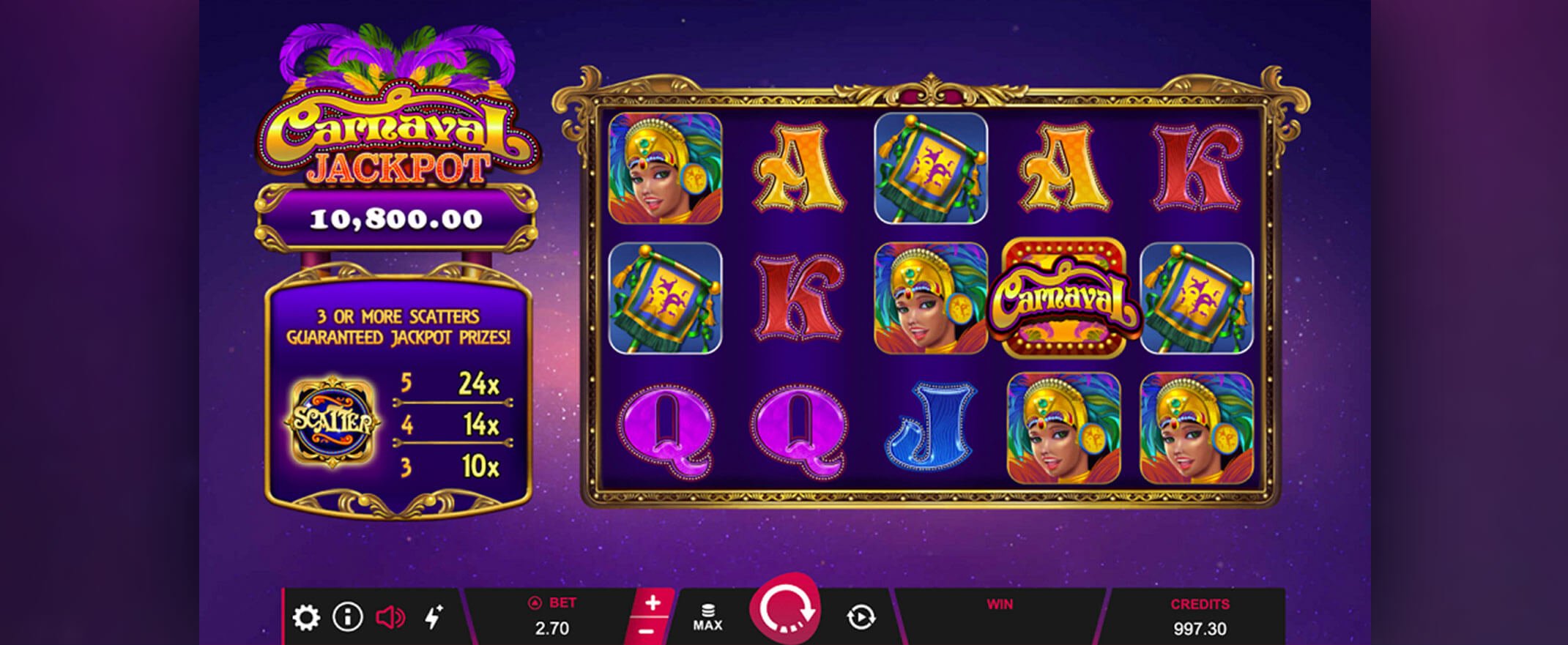 Carnaval Jackpot slot screenshot of the reels