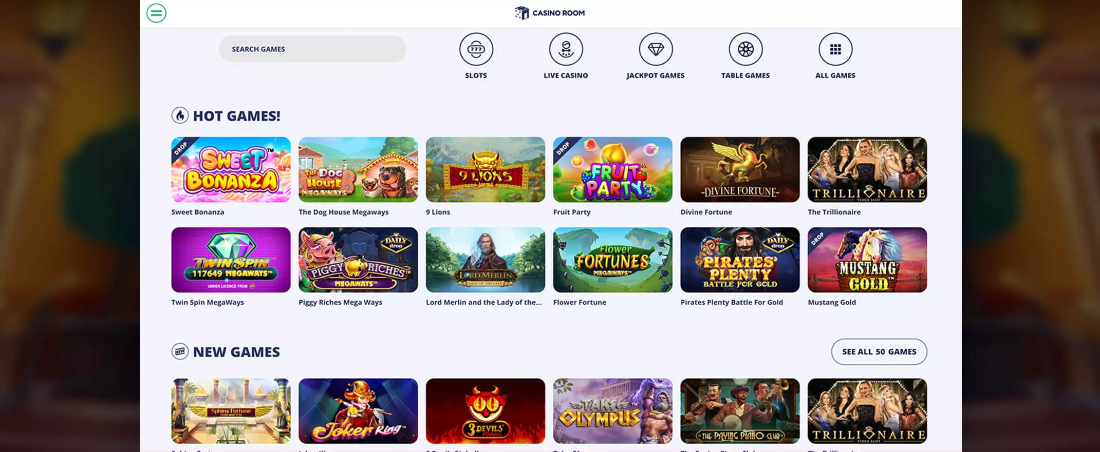 Casino Room screenshot of the games page