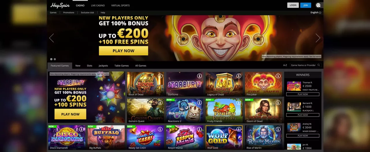 Hey Spin screenshot of the homepage
