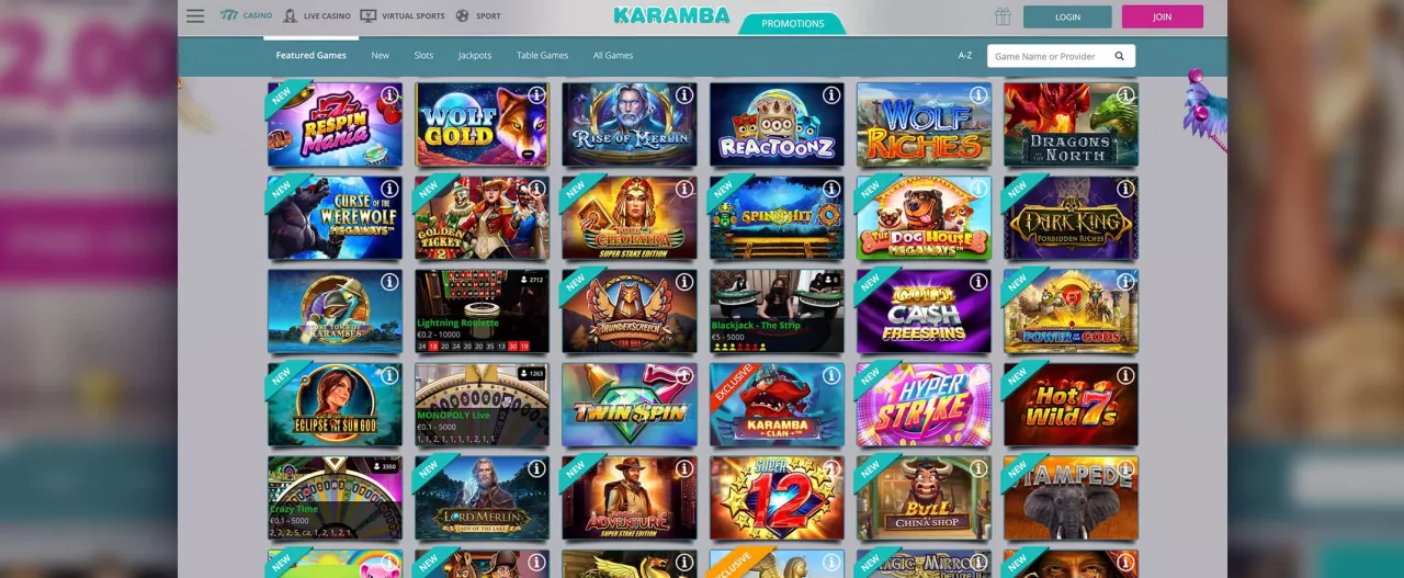 Karamba Casino screenshot of the games page
