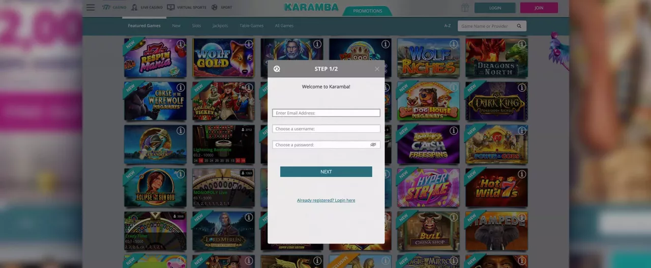 Karamba casino screenshot of the registration