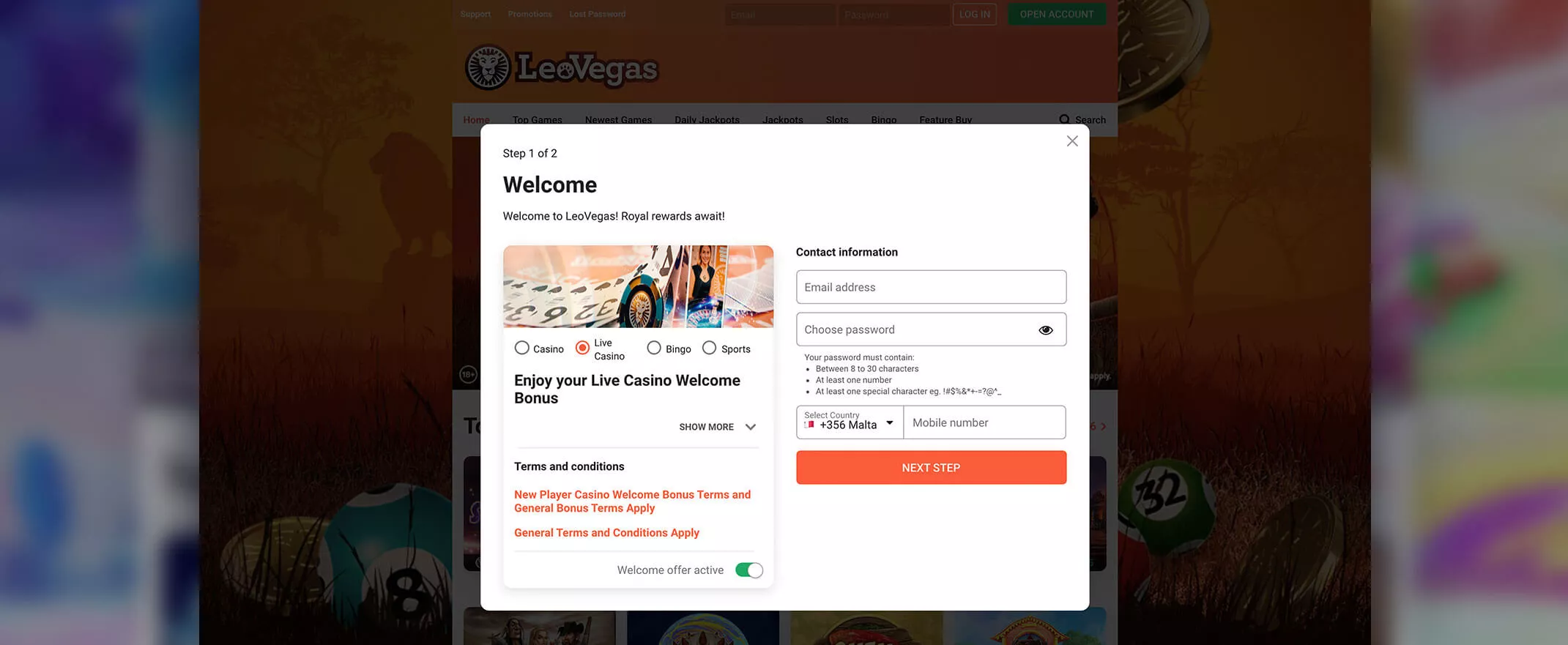 LeoVegas Screenshot of the registration