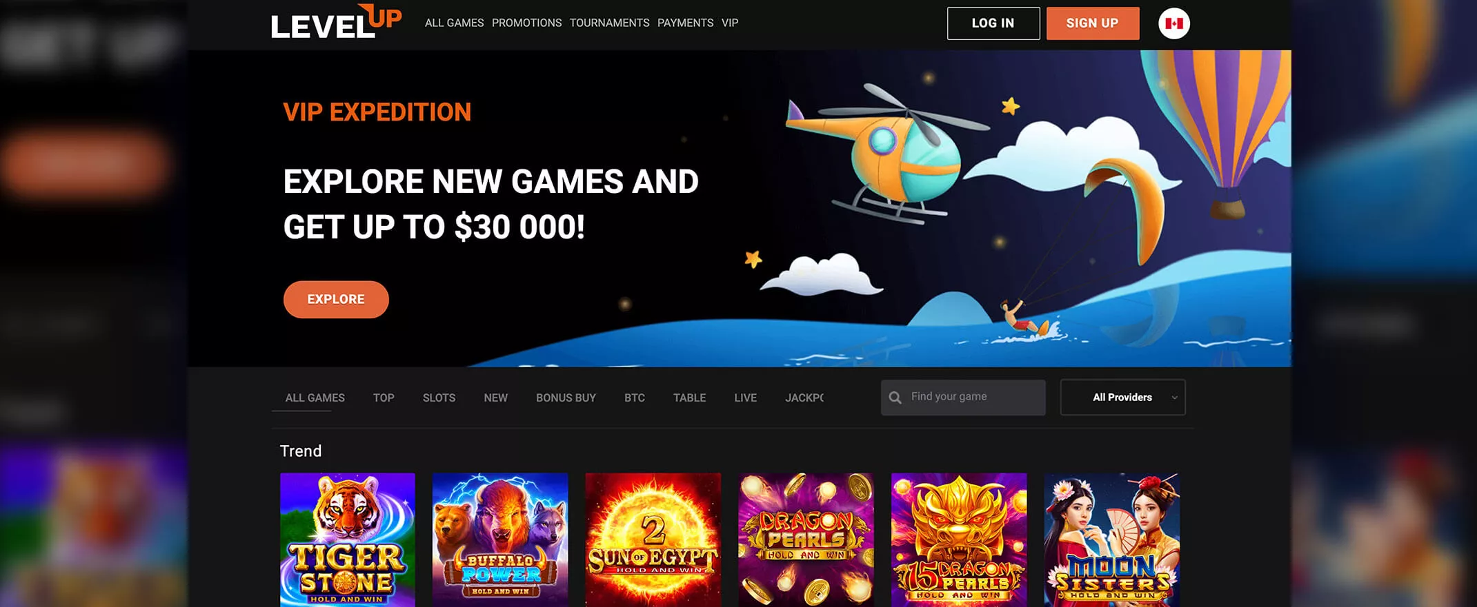Level Up Casino screenshot of the homepage