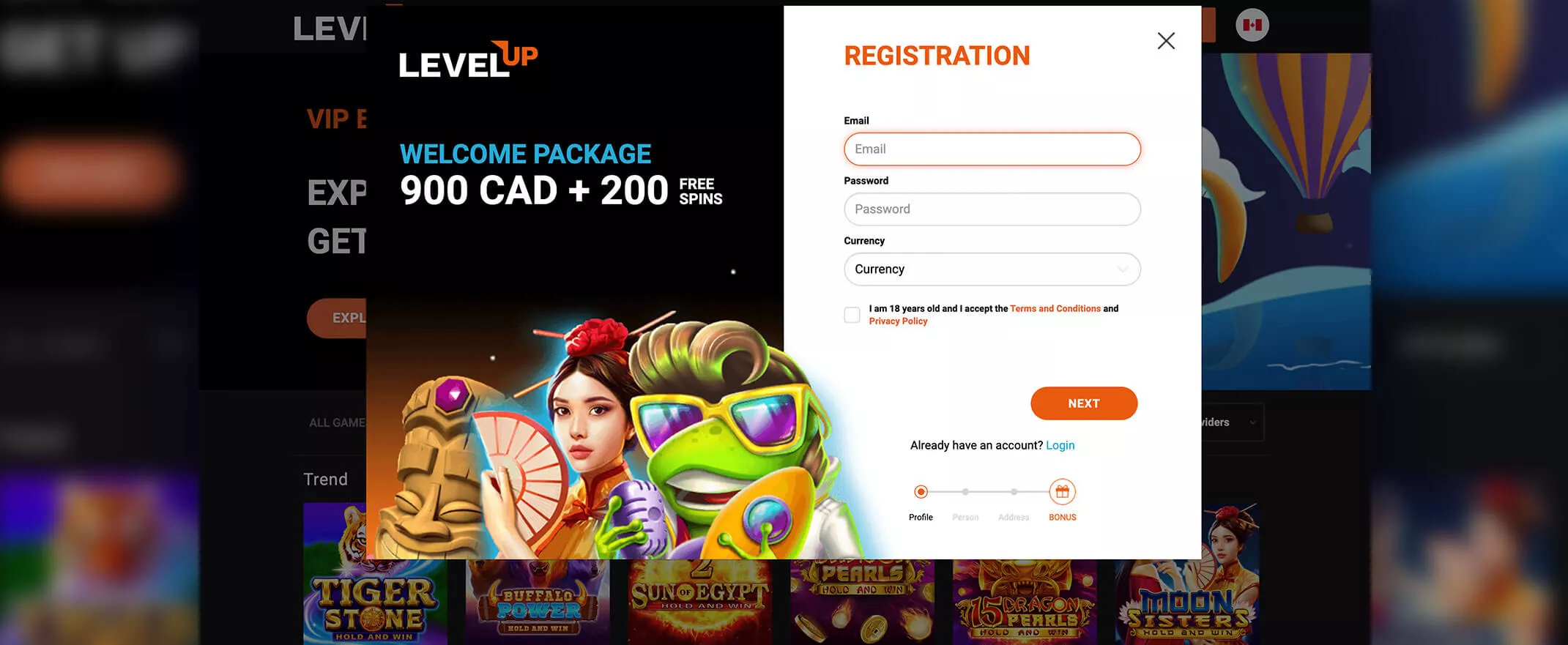 Level Up Casino screenshot of the registration