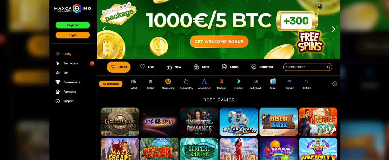 MaxCazino screenshot of the homepage