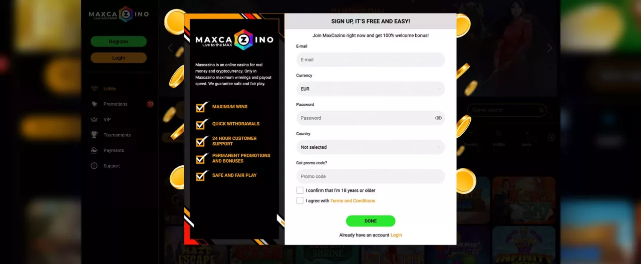 MaxCazino screenshot of the registration process