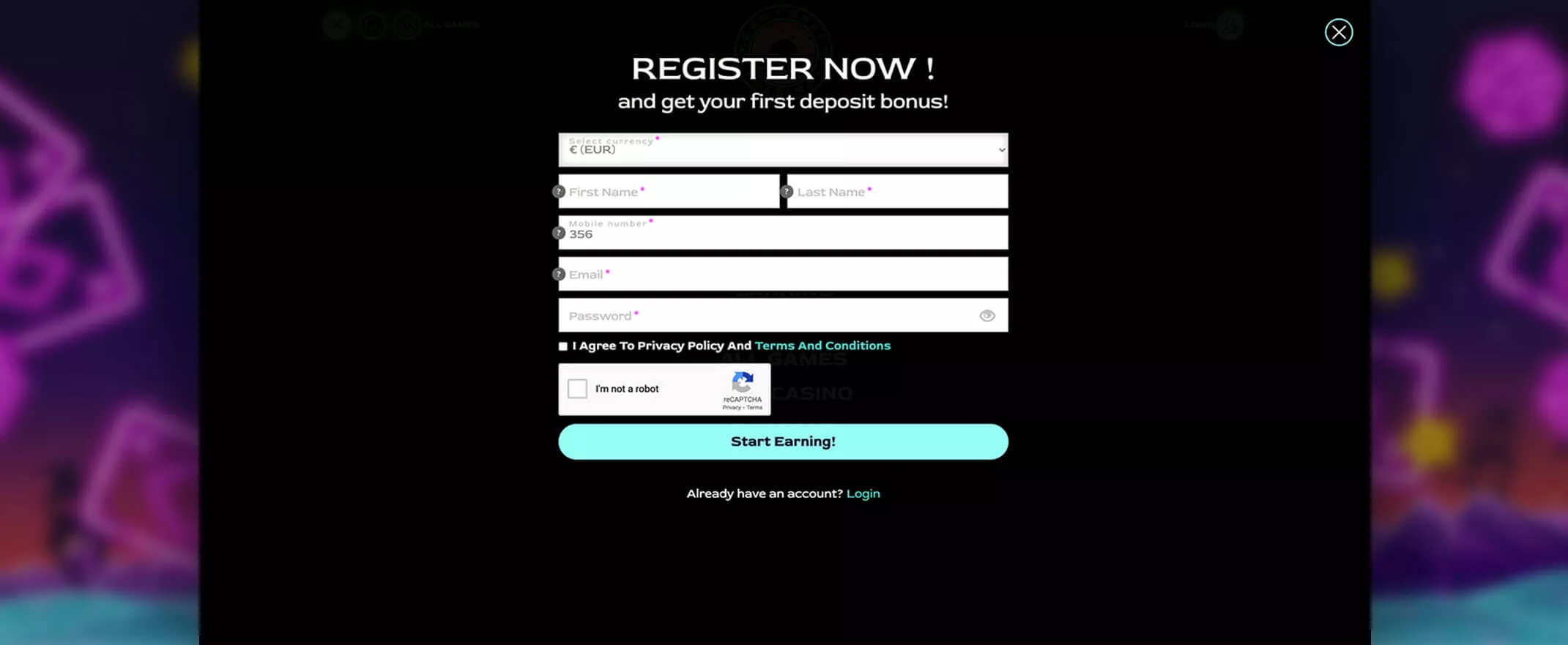 Ocean Breeze Casino screenshot of the registration