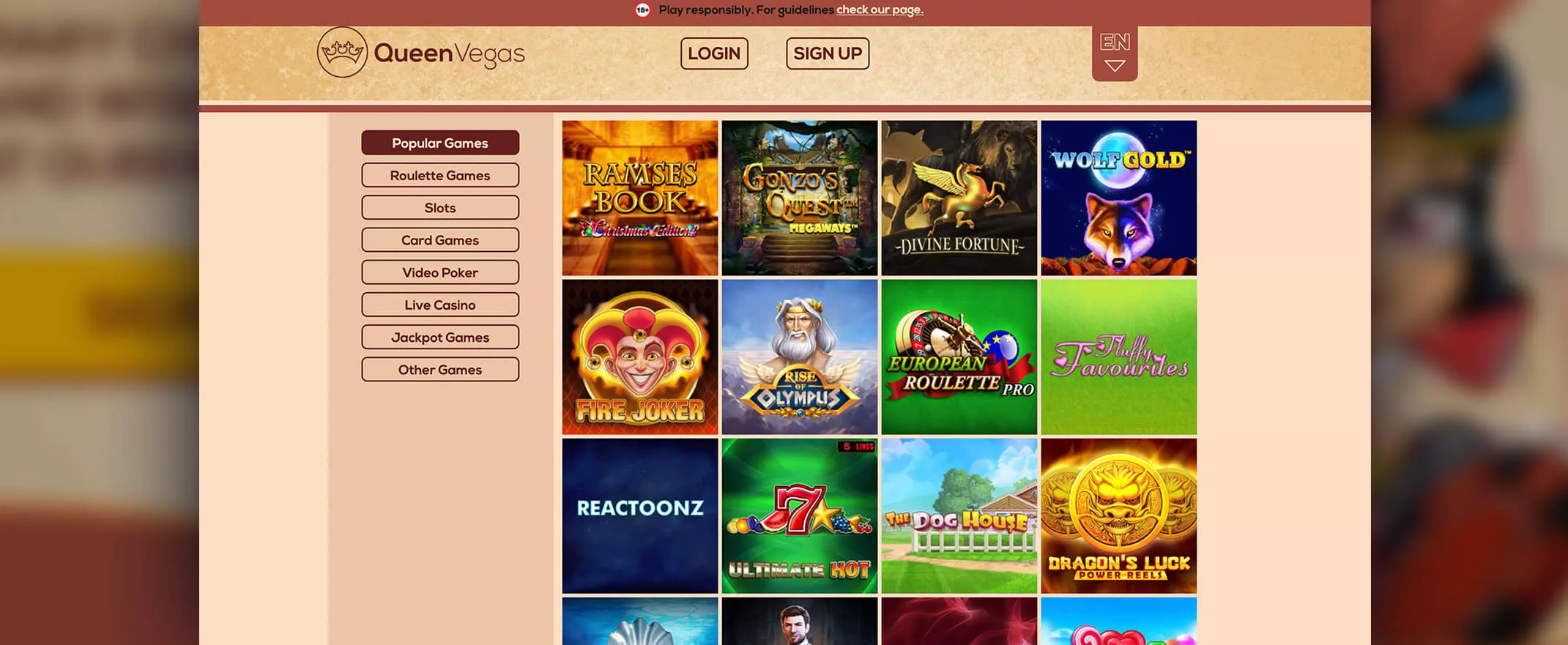 Queen Vegas Casino screenshot of the games