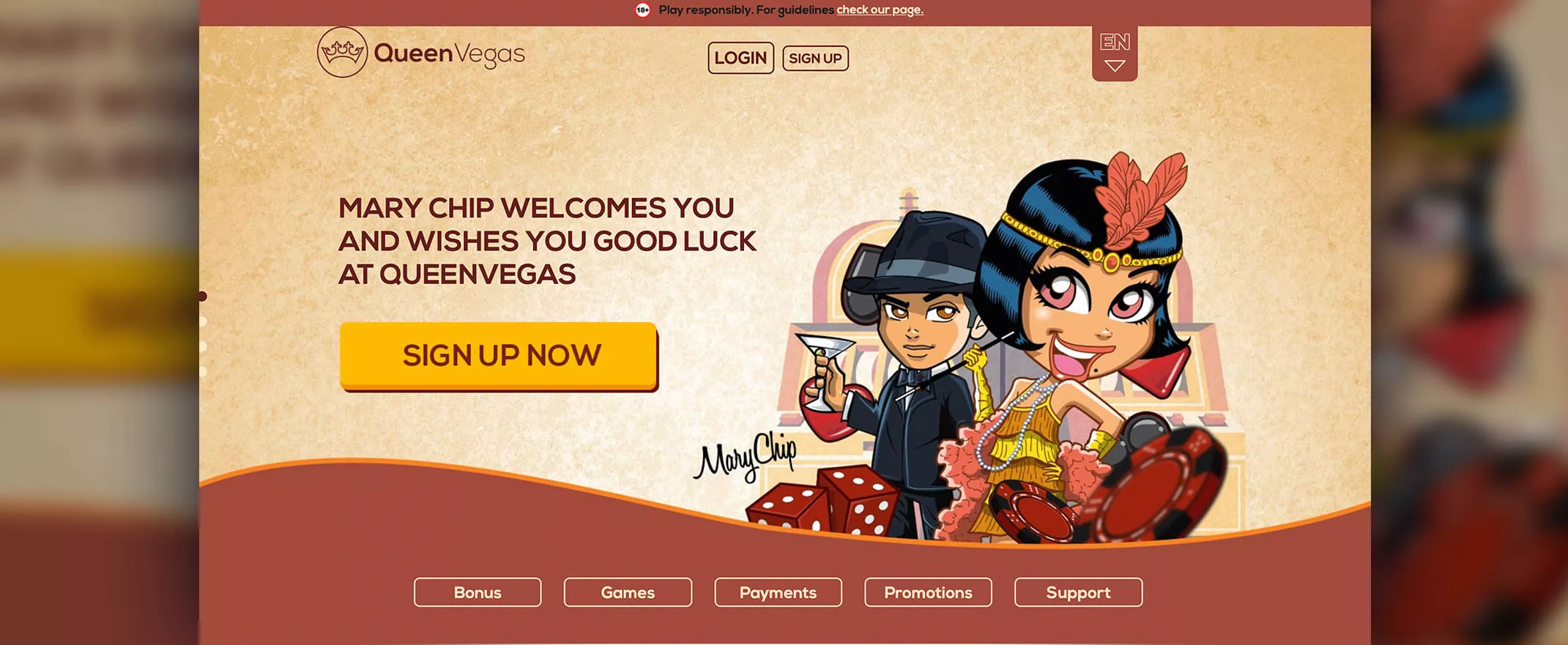 Queen Vegas Casino screenshot of the homepage