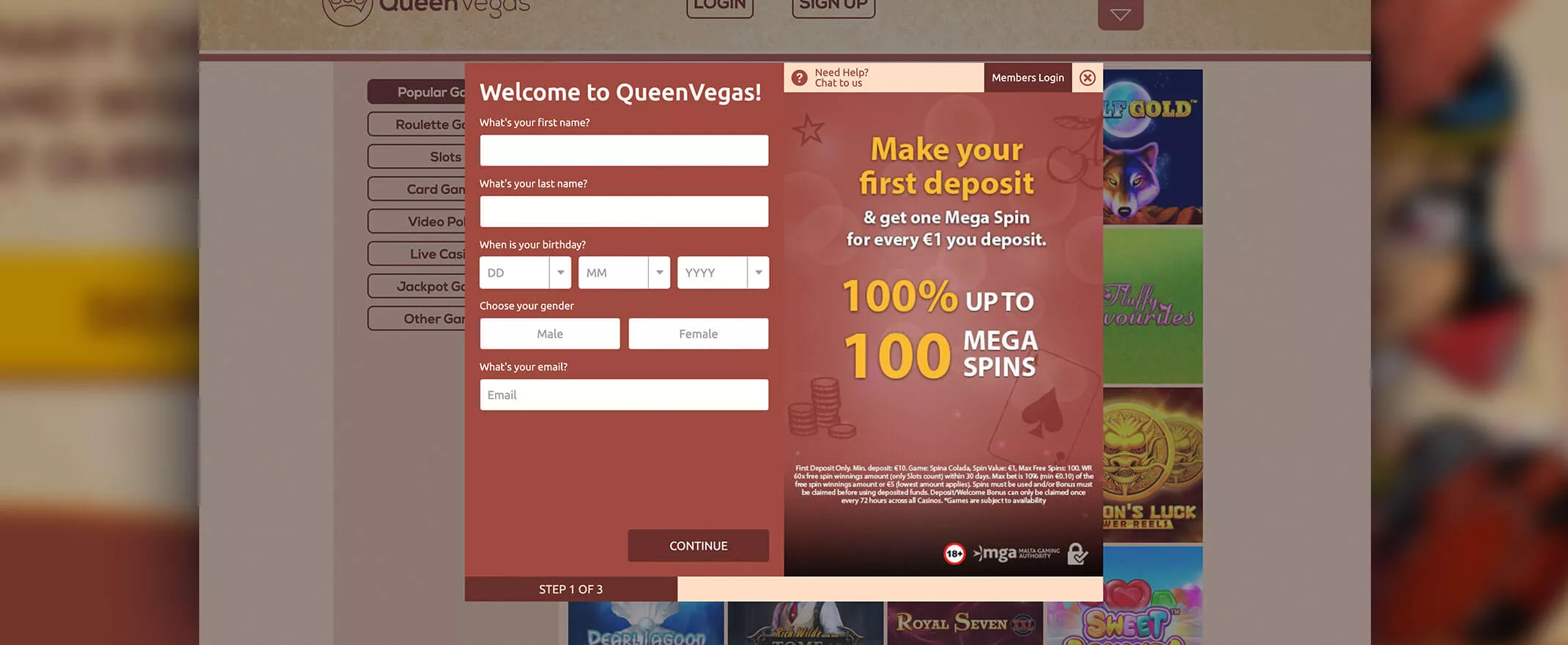 Queen Vegas Casino screenshot of the registration